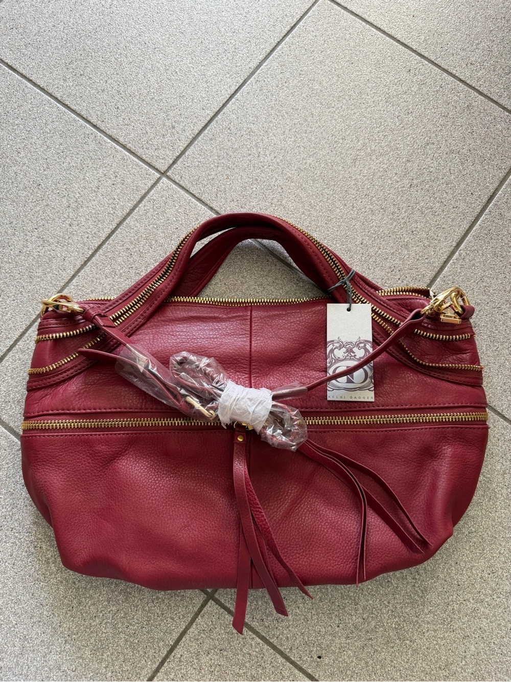 Kelsi Dagger Burgundy Leather Shoulder Bag with Gold Hardware
